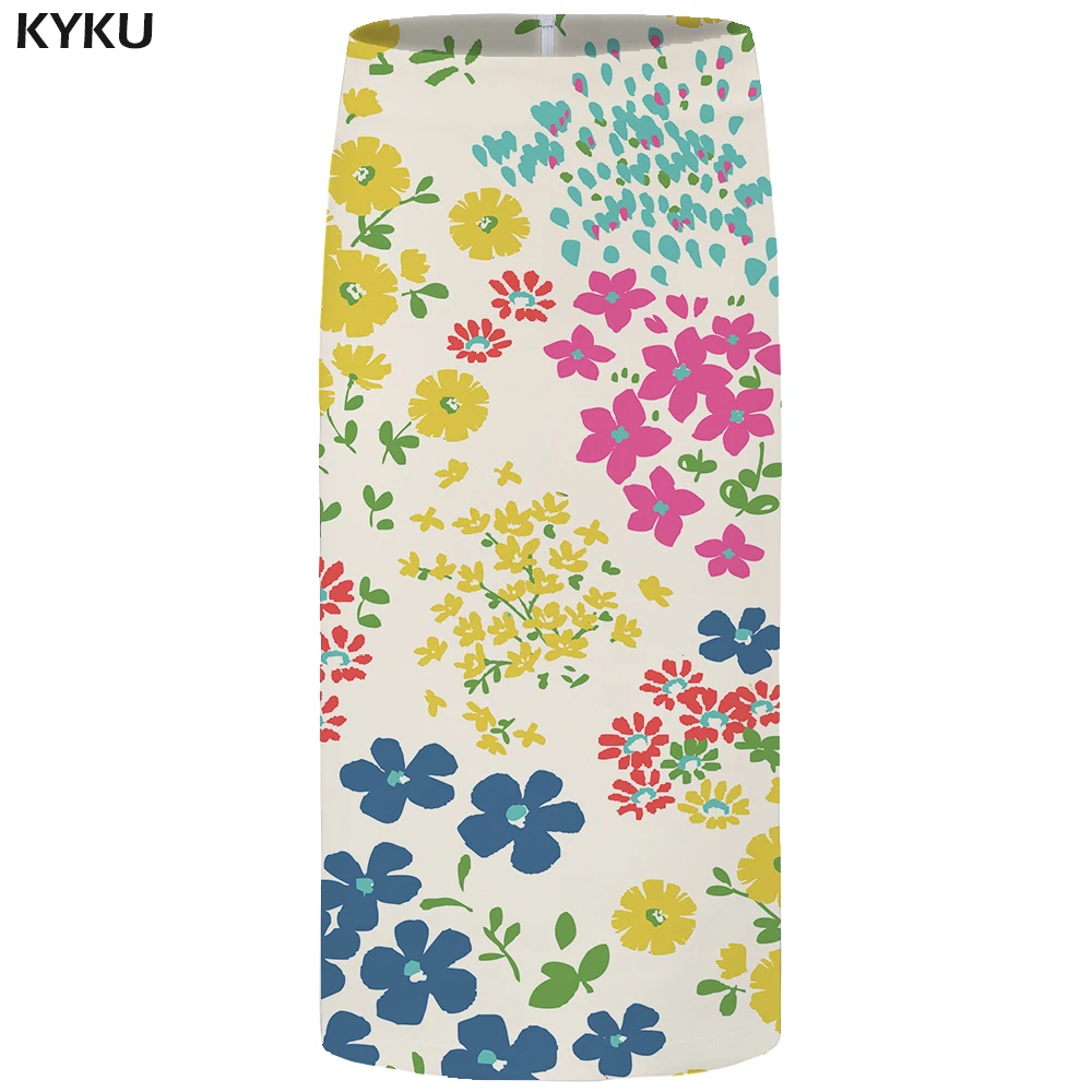 

KYKU Brand Flower Skirts Women Leaf Large Size Colorful Floral White Hip Casual 3d Print womens Skirt Knitted Knee Length New