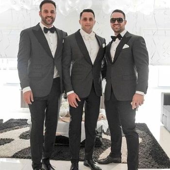 

Grey Men Wedding Suits Groom Tuxedo 2 Pieces Jacket+Pants Groomsmen Suits Black Shawl Lapel Wedding Suits for Men