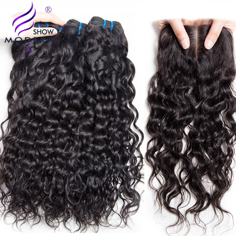 Brazilian Water Wave Bundles With Closure 4 Bundles With Closure 3 Pcs Human Hair Bundles With Closure Non Remy Hair Deals