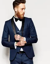 Side Vent Slim Fit Groom Tuxedos Shawl Collar Men’s Suit Navy Blue Groomsman/Bridegroom Wedding Suits (Jacket+Pants+Tie+vest)