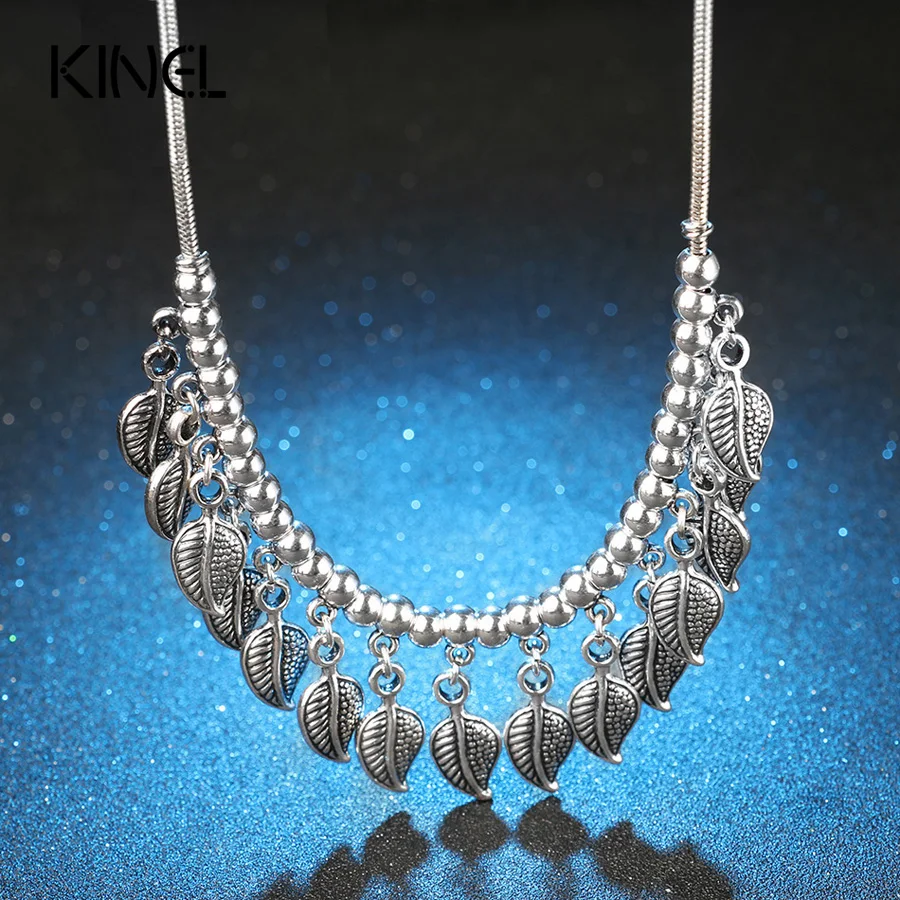 Kinel gargantilhas colar para as mulheres de cor prata jóias da moda boemia do vintage deixa pingente colares de presente de luxo