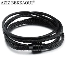 AZIZ BEKKAOUI Черный подлинный плетеный кожаный браслет панк из нержавеющей стали, цепочка, браслеты, модные мужские ювелирные изделия, подарок