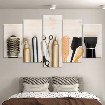 

5 Pieces Modern Home Decor Canvas Painting Scissors Comb Bottle Hairdressing Tools Modular Picture Wall Art Posters and Prints