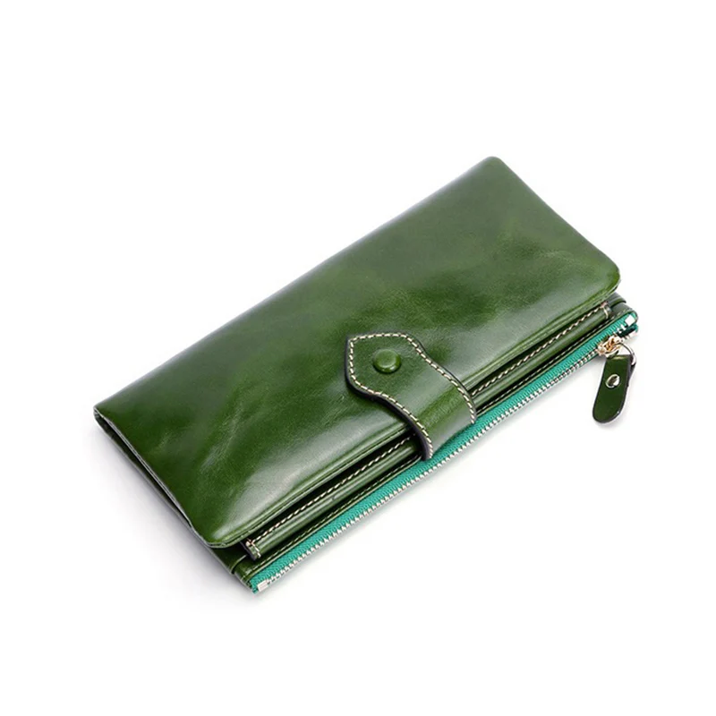 

Long European And American Style Women Wallet Guaranteed Genuine Oil Waxing Leather Women Zipper Purse With Mobile Phone Pocket