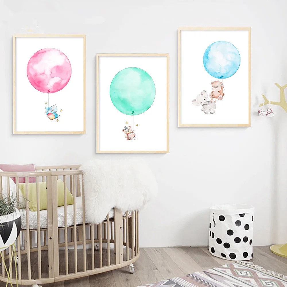 Gohipang Watercolor Balloon Bear Elephant Cartoon Poster Print Minimalist Painting Wall Art canvas Picture Nordic Style Kids | Дом и сад