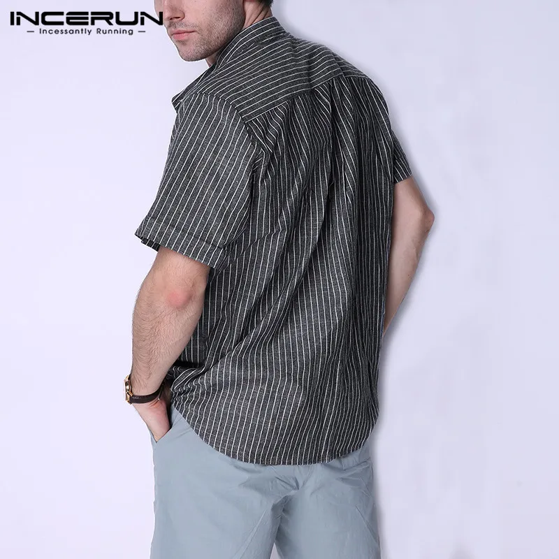 2019 дышащая мужская рубашка из хлопка в полоску с коротким рукавом в стиле ретро стоячий воротник блузка Harajuku брендовые рубашки мужская