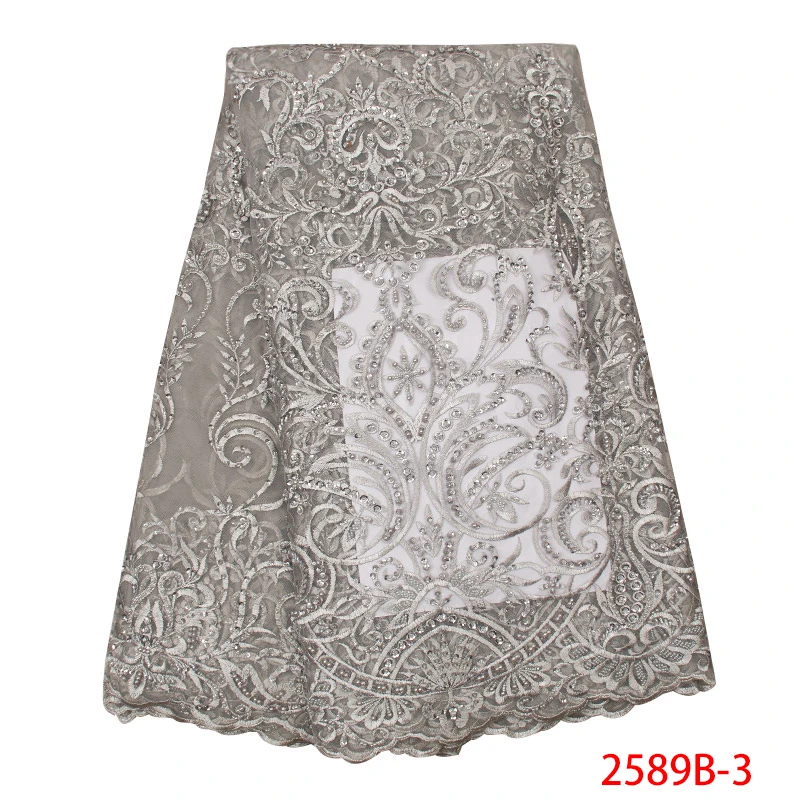 

High Quality French Lace Fabric Nigerian Laces Fabrics Embroidered Tulle Net Lace with Beads Sequins for party KS2589B-3