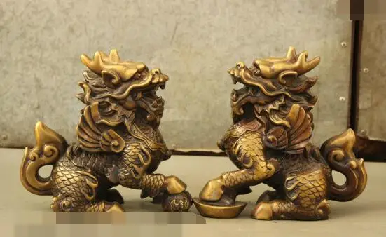 

S01027 9" Chinese FengShui Bronze Dragon Kylin Beast YuanBao Ball Statue Sculpture Pair B0403