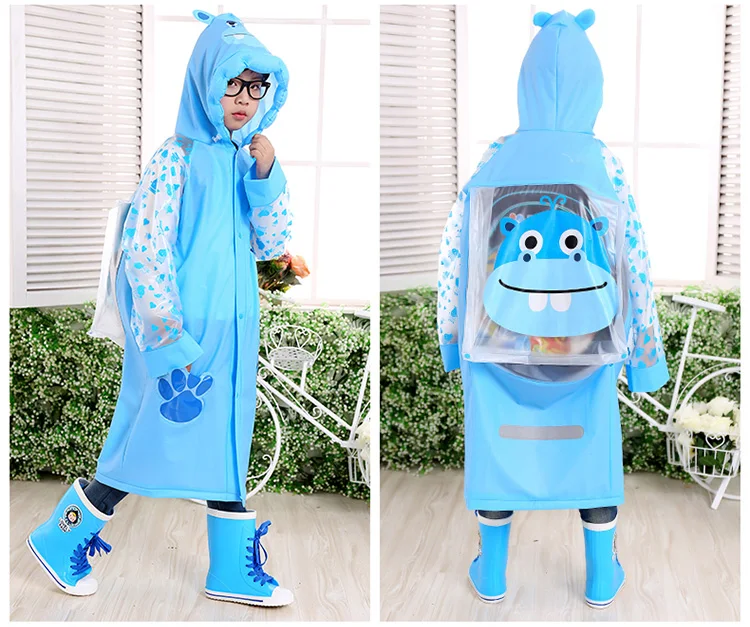 4.Waterproof kids raincoat with school bag Children's rain coat Inflated cap brim cute cartoon Long rain jacket