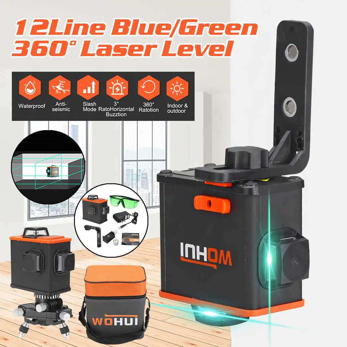

Newest 12 Lines Cross Line Laser Level 520nm 3D 360 Degree Rotary Green/Blue Self-Leveling Horizontal Vertical Laser Beam Line