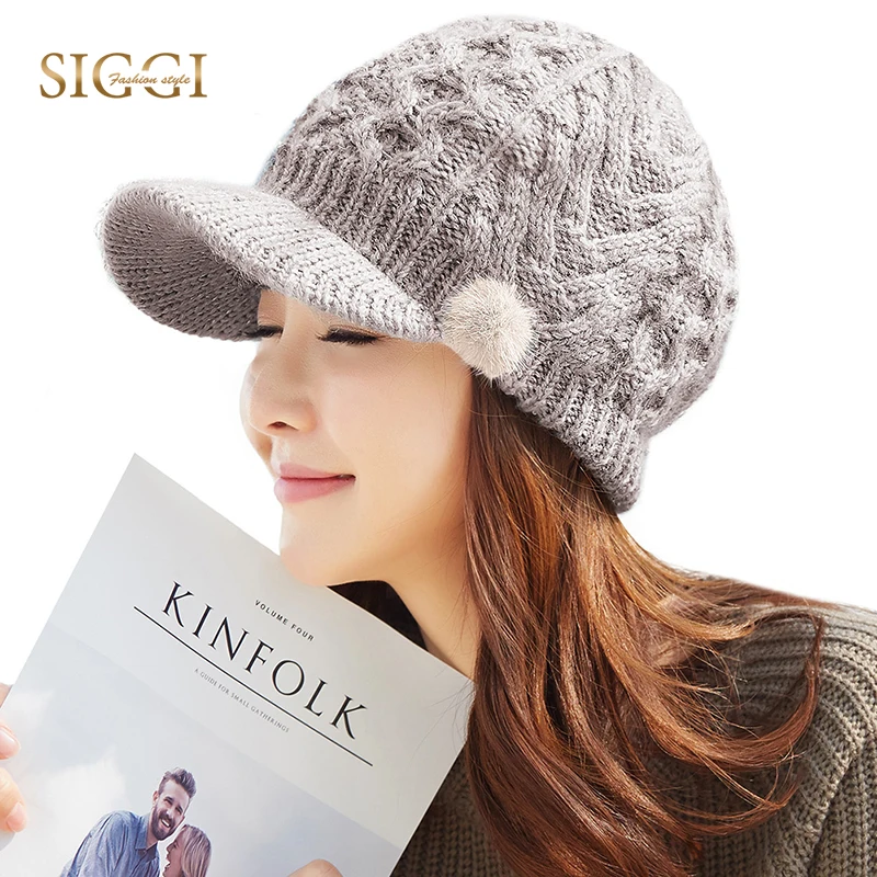 FANCET Women Winter Berets Warm Solid Wool Peaked Brim Fleece Skullies