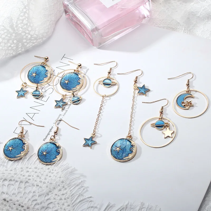 Новинка корейский стиль ювелирные изделия голубая звезда Луна длинные висячие серьги для женщин Асимметричные круглые серьги Планета Мода