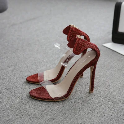 

2019 Korean version of the stylish transparent PVC word with stiletto red sequined bag high heels sandals women