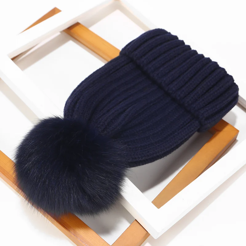 Real Fur Hat Knitted Real fox hair bulb Pom Pom Hat Women Winter Hat Unisex Kids Warm with wool Chunky Thick Stretchy Knit hat