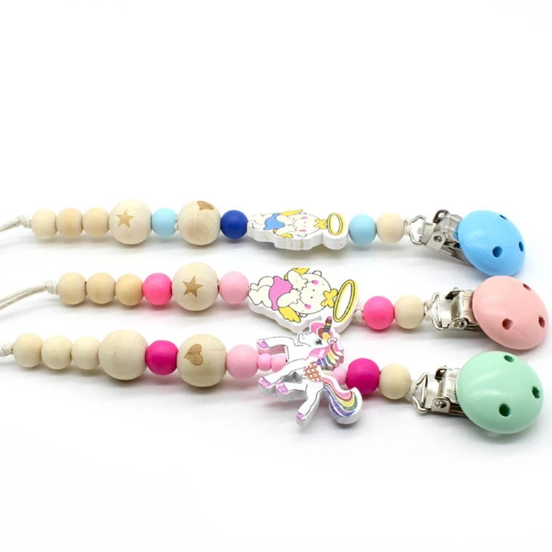 

Baby Pacifier Clip Chain Wooden Beads Soother Teether Pacifier Clips Cute Unicorn Nipple Holder For Infant Feeding