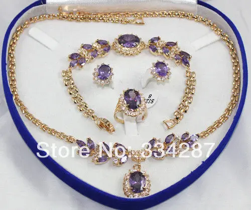 

Lovely Sets 18K GP Purple amethyst pendant necklace bracelet earring Stud Ring