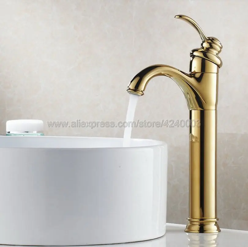Полированная Золотой Ванная комната кран на бортике смеситель кран Chrome раковина Vanity горячая холодная вода кран Kgf059