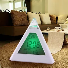 New 7 LED Color Changing Pyramid Digital LCD Alarm Clock Thermometer Temperature Date Display Electronic Table Desktop Clocks