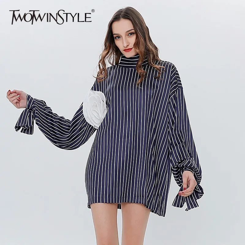 

TWOTWINSTYLE Appliques Striped Shirt For Women Lace Up Stand Collar Lantern Sleeve Blouse Spring Fashion Vintage 2019 Clothing
