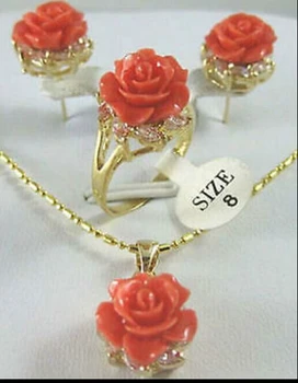 

Hot sale Free Shipping>>beautiful gold plate rose coral flower Pendant Earring Ring set