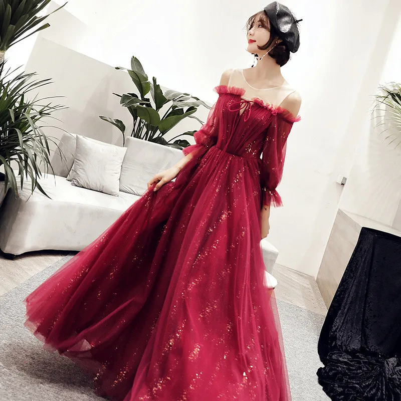 

Bandage Burgundy Sexy Lady Evening Party Maxi Gown Exquisite Bling Mesh Dress Qipao Novelty Off Shoulder Cheongsam Vestidos