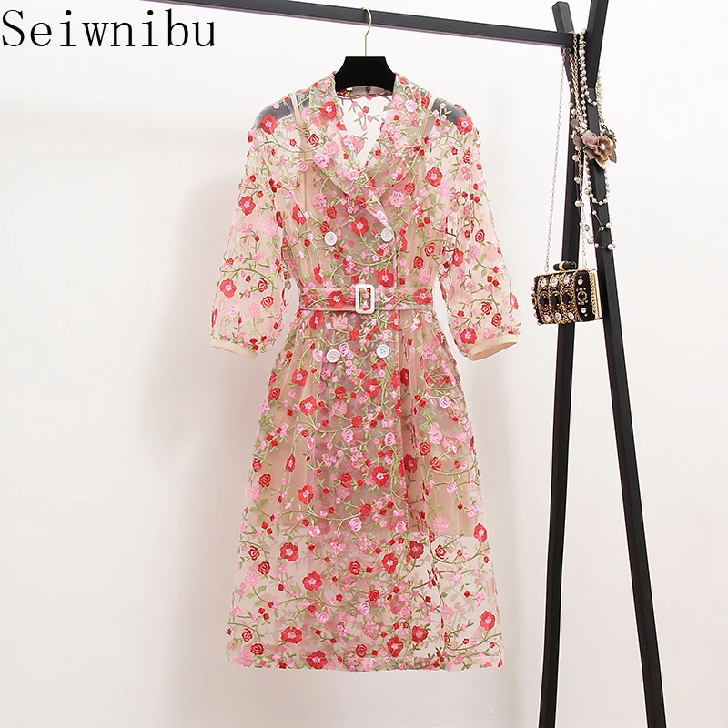 

Seiwnibu Fashion Runway Double Breasted Mesh 2019 Summer Vintage Women Floral Embroidery Tull Notched Party Dress