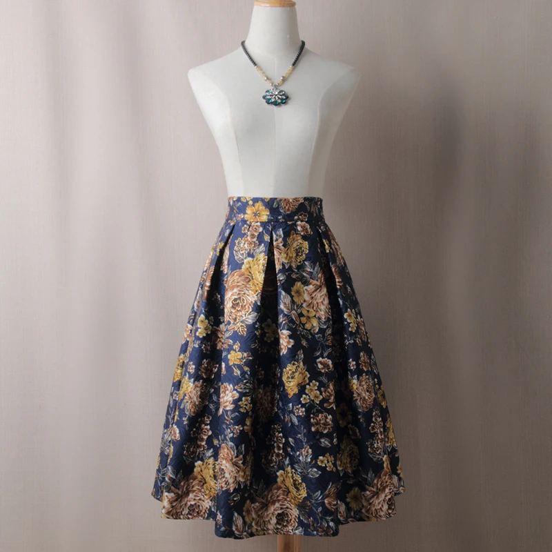 

High Street Women Pleated Skirts Spring Autumn Vintage High Waist Knee Length Office Workwear Flared Skirt