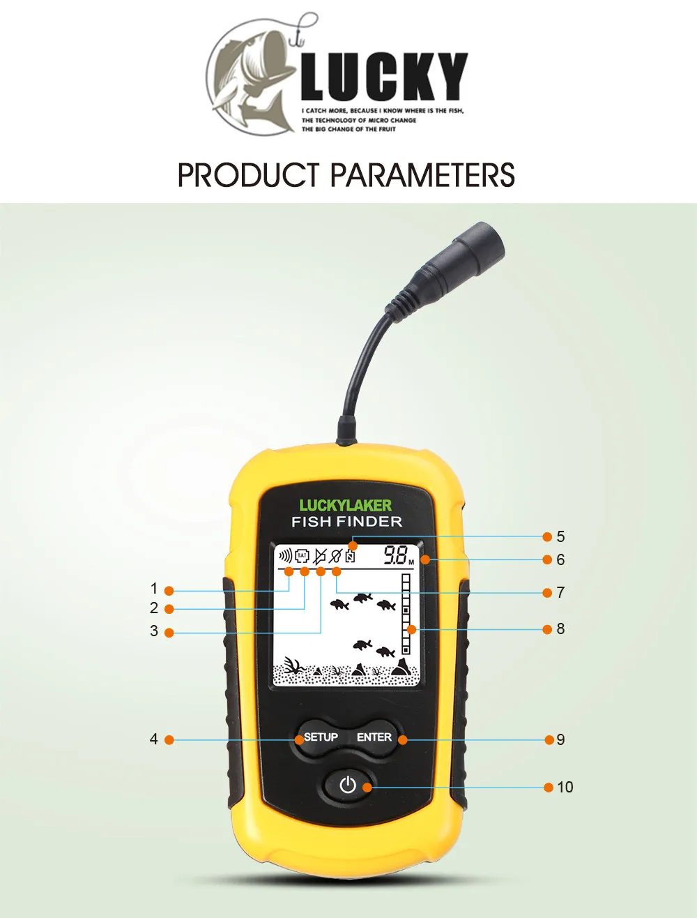 Lucky FF1108-1 Portable Sonar Alarm Fish Finder Echo Sounder 0.7-100M Transducer Sensor Depth Finder