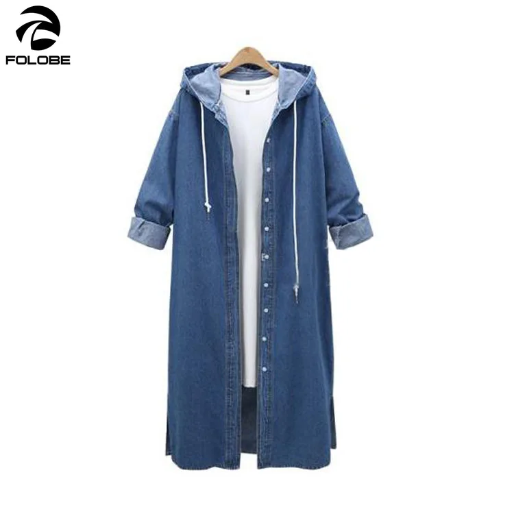 

FOLOBE 2019 Autumn Long Sleeve Hooded Long Denim Cardigan Trench Coats Plus Size L-4XL