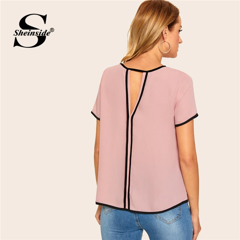 

Sheinside Pink Contrast Binding Cutout Back Blouse Women 2019 Summer Short Sleeve Casual Blouses Ladies Style Pullovers Top