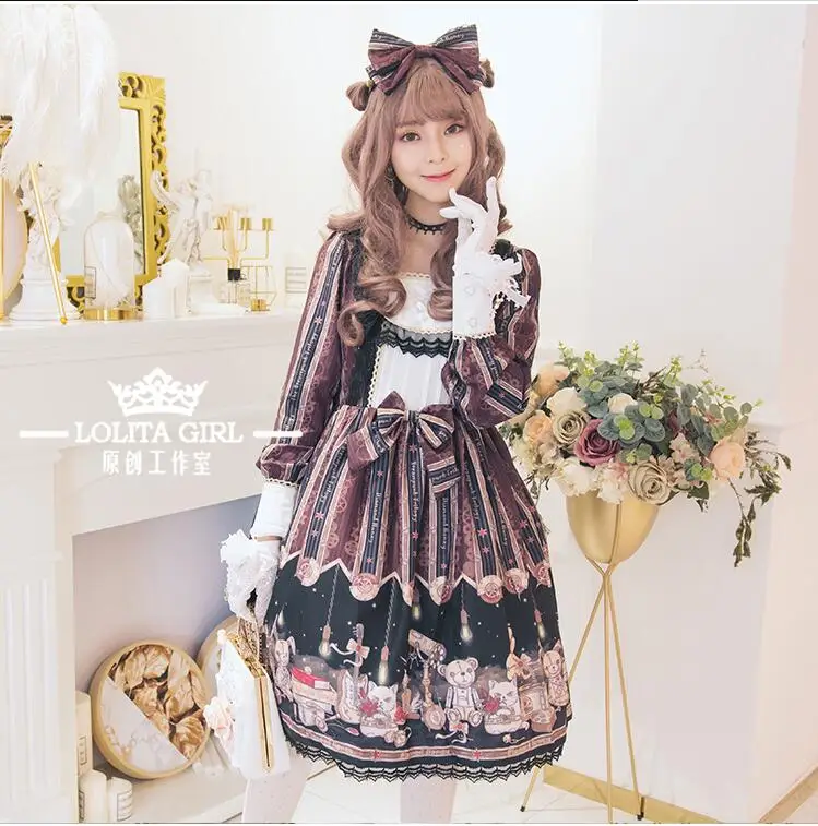 

Palace sweet lolita dress retro lace bowknot printing square collar stripe victorian dress kawaii girl gothic lolita op loli cos