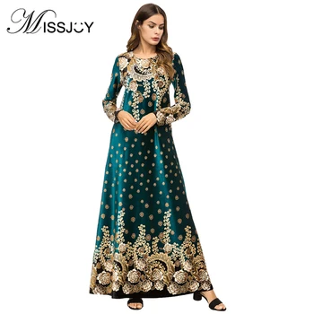 

2019 New Dubai Winter Abaya Velvet Green Dress Islamic clothing Moroccan Kaftan Women Long Sleeve Printed Arab Dresses Evening