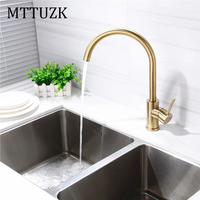 Best Offers MTTUZK Solid Brass Brushed Gold Kitchen Faucet 360 Rotatable Water Mixer Basin Sink Taps Single Handle Deck Mounted Aerator Tap