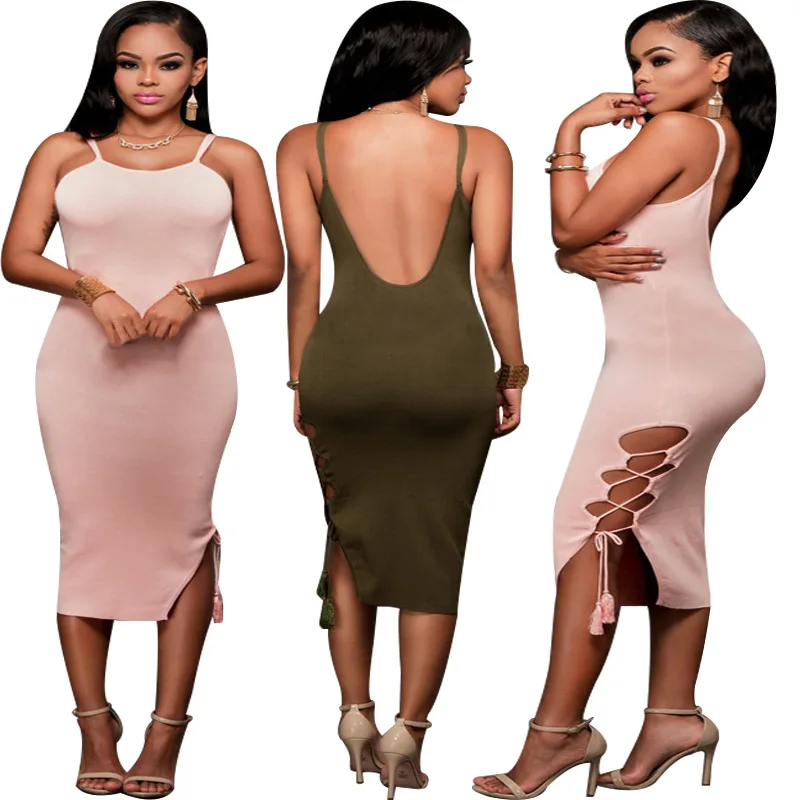 

Women Sexy Dress Strap Bodycon Slim Sexy Club Outfit Elegant Split Bandage Midi Party Dresses Vintage Vestidos Solid Backless K