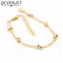 QCOOLJLY золотой шик лаконичный двойной слой Свадебные ножные браслеты цепь, подвеска, бусины браслет ножной браслет ювелирные изделия для женщин