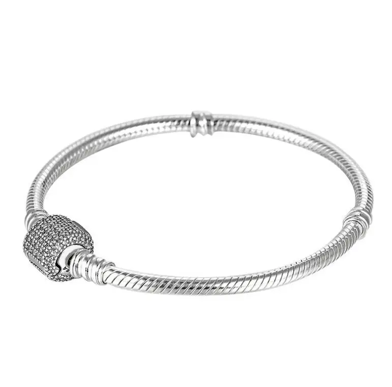 Luxury 925 Sterling Silver Pandora Bracelet Signature Clasp Crystal Snake Chain Bracelet & Bangle Fit Women Bead Charm Jewelry Fashion Jewelry
