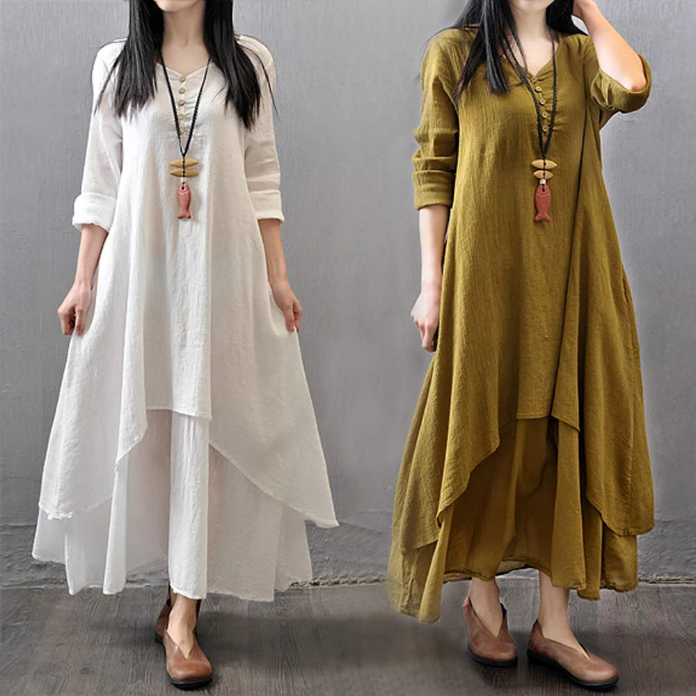 

Cotton Linen Dresses Summer Vintage False Two-piece Women 4xl 5xl Plus Size Dresses Boho Loose Long Sleeve Irregular Maxi Dress