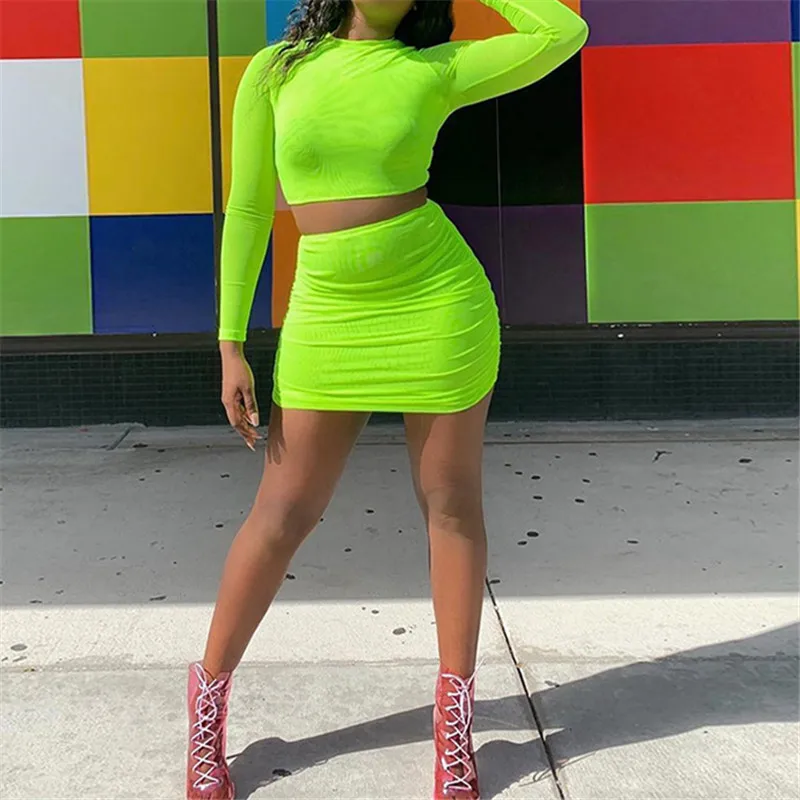 

Women Neon Green Mesh Skirt Two Piece Set Sexy Crop And Mini Skirt Matching Sets Summer Party Two Piece Club Outfits Skirt Set