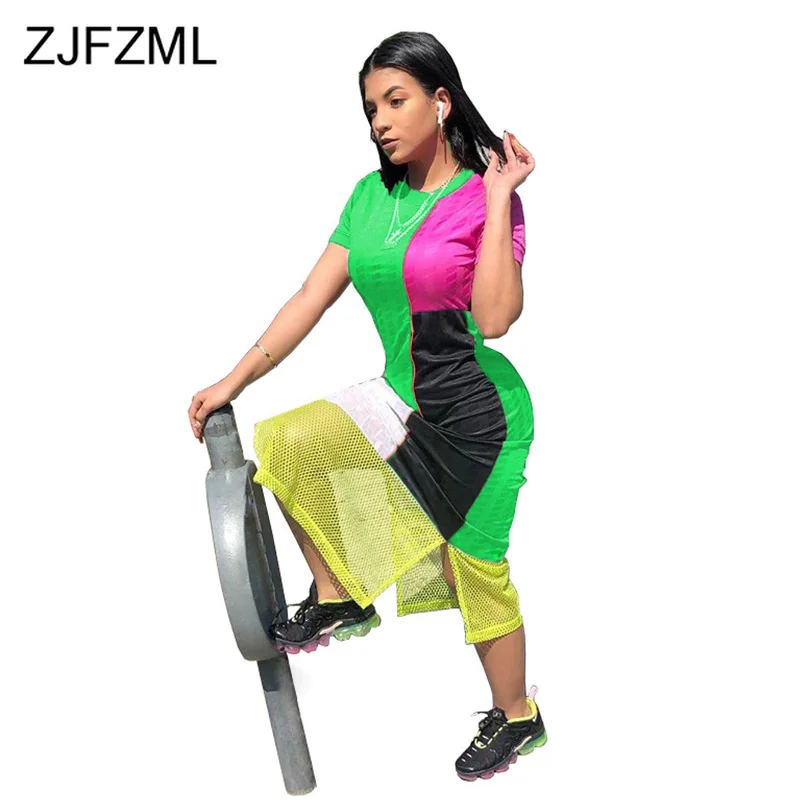 

Color Block Patchwork Sexy Slim Dress Women Fishnet Hollow Out Side Split Long Dress Summer Round Neck Short Sleeve Beach Dress