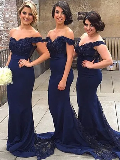 navy off shoulder bridesmaid dress