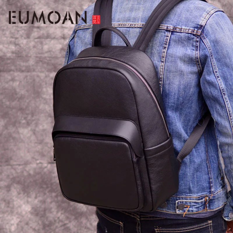 EUMOAN Outdoor leisure men's backpack leather shoulder bag first layer leather travel computer bag