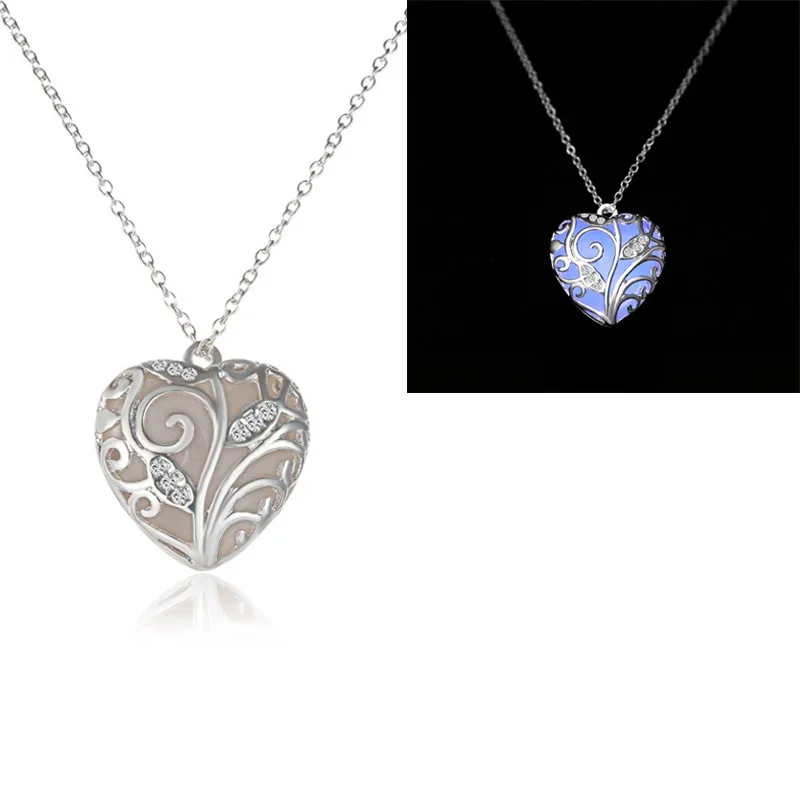 Волшебная красивая фея стимпанк светится в темноте сердце любовь медальон кулон ожерелье светящиеся украшения для женщин ожерелье s подвески - Окраска металла: Silver-Glow Purple