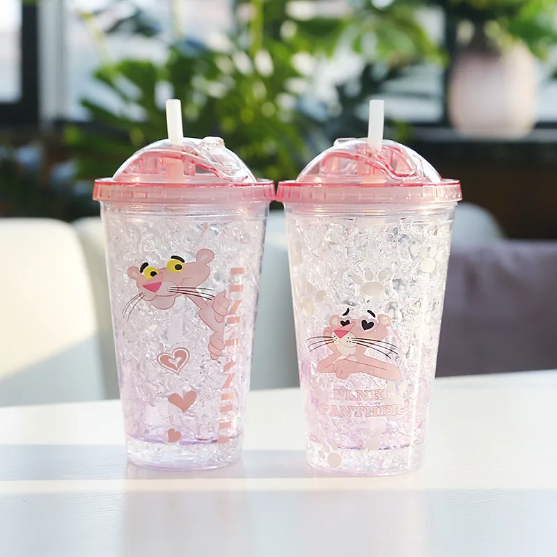 

450ml My Bottle Creative Pink Panther Plastic Ice Water Bottle Straw Fashion Summer Cute Cartoon Water Bottle 2018 New