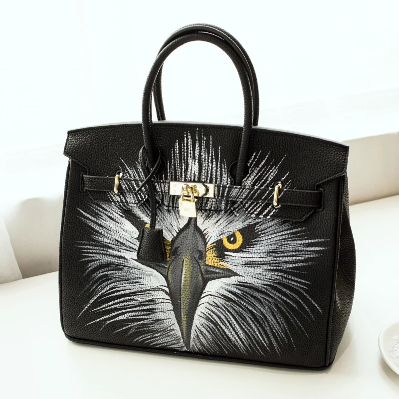 

2019European Style High Quality Graffiti bag PU Leather Litchi grain platinum bag hand-painted owl America 35CM design with Lock
