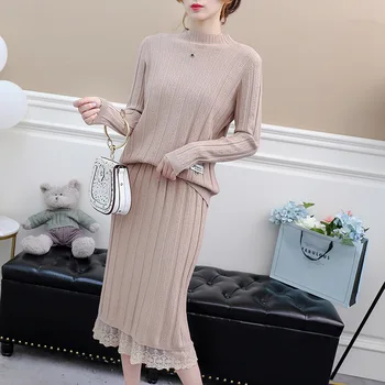 

2018 New Spring Autumn Women's 2 two Piece Set Sweater Tops And Midi DRESS Sets Casual Suits Sets Dress