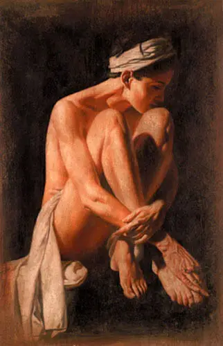 

Beautiful Oil painting portraits nude female young woman seated on canvas
