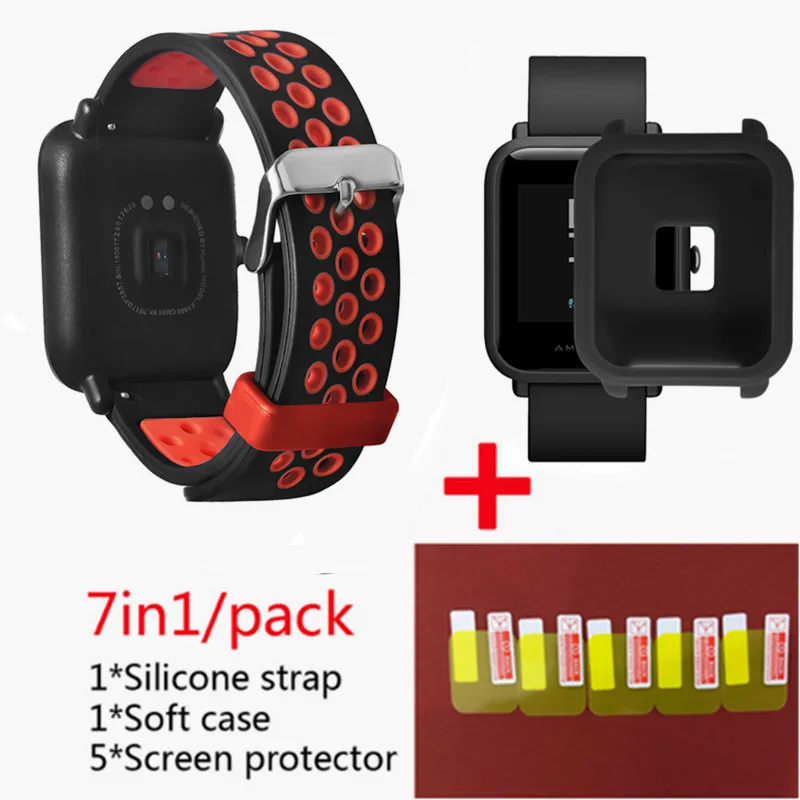 Для Xiaomi Huami Amazfit Bip Lightwei ремешок rhythm Lite young умные часы my braceket fit+ силиконовые полосы+ мягкий чехол+ 5 экранная пленка - Цвет: Red 2