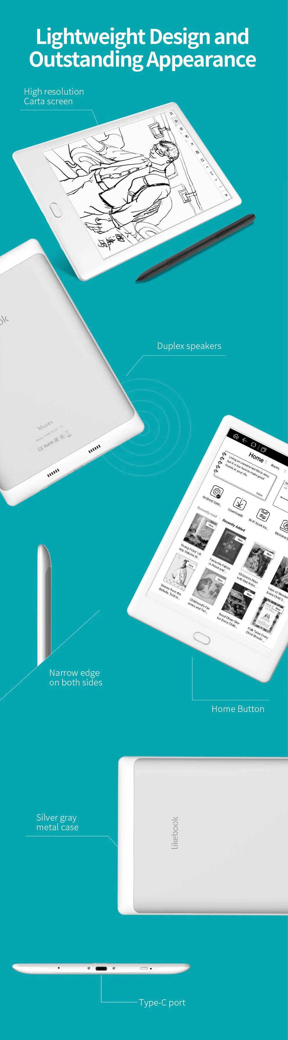 Отправьте от нас Likebook Muses E-Reader с 7,8 ''300ppi E-Ink сенсорным экраном 8 ядер 1,5 ГГц, встроенный звуковой, 2G/32 ГБ Android 6,0