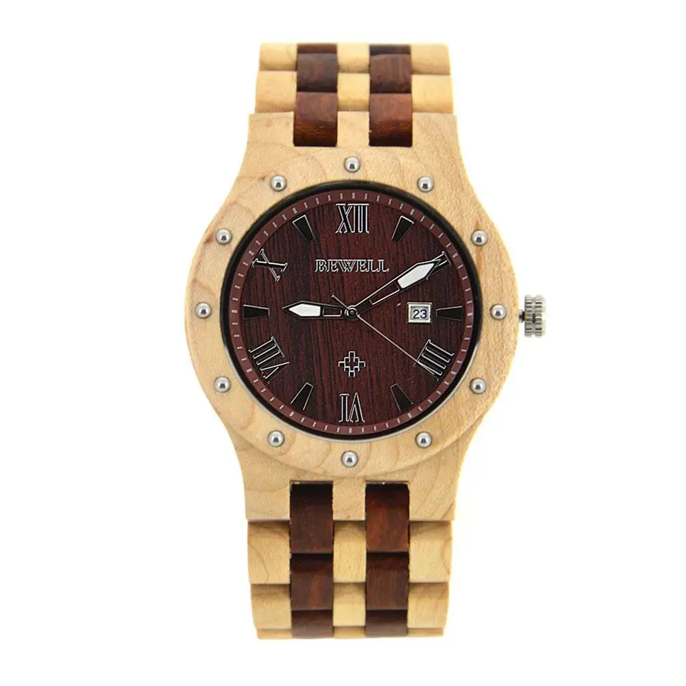 

BEWELL Women Men Wooden Watch Quartz Movement Waterproof Casual Wristwatch Luminous Vintage Watch with Box