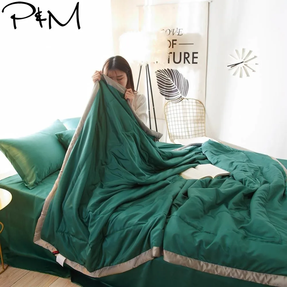

2019 Dark Green Solid Quilting Quilt Set Satin Polyester Fabric Polyester Twin Queen Size Summer Comforter Bedsheet Pillowcases